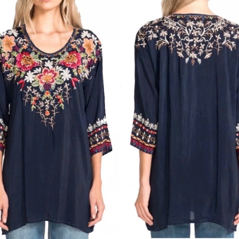 Johnny Was‎ Shaylee Blouse Tunic Navy Embroidered floral 2X boho